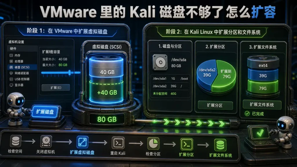VMware 里的 Kali 磁盘不够了怎么扩容