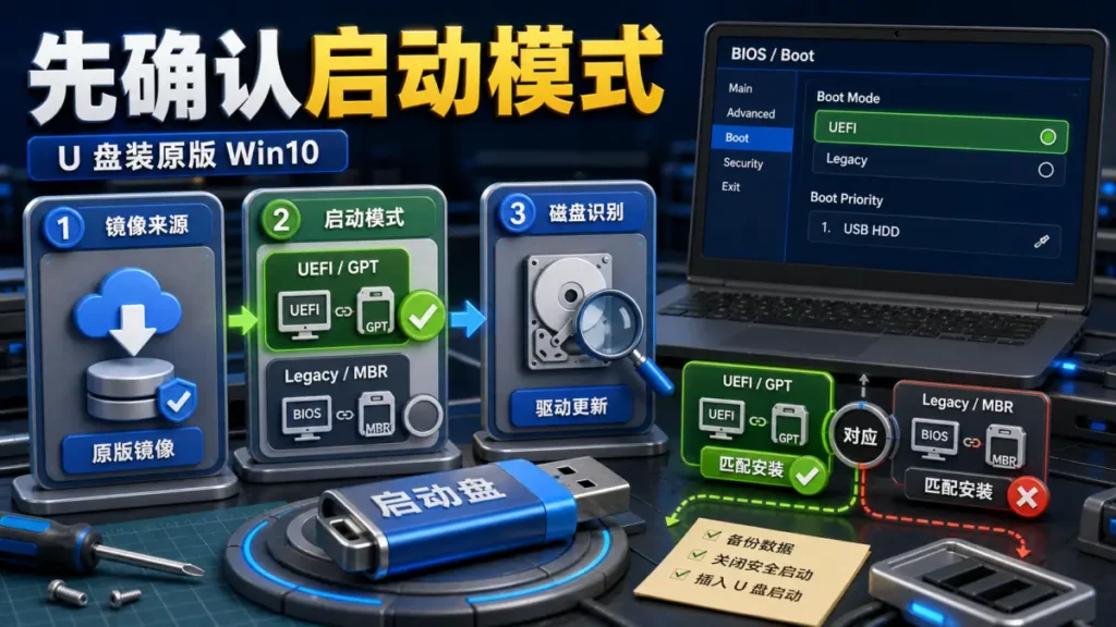 U 盘装原版 Win10，先确认启动模式和镜像来源