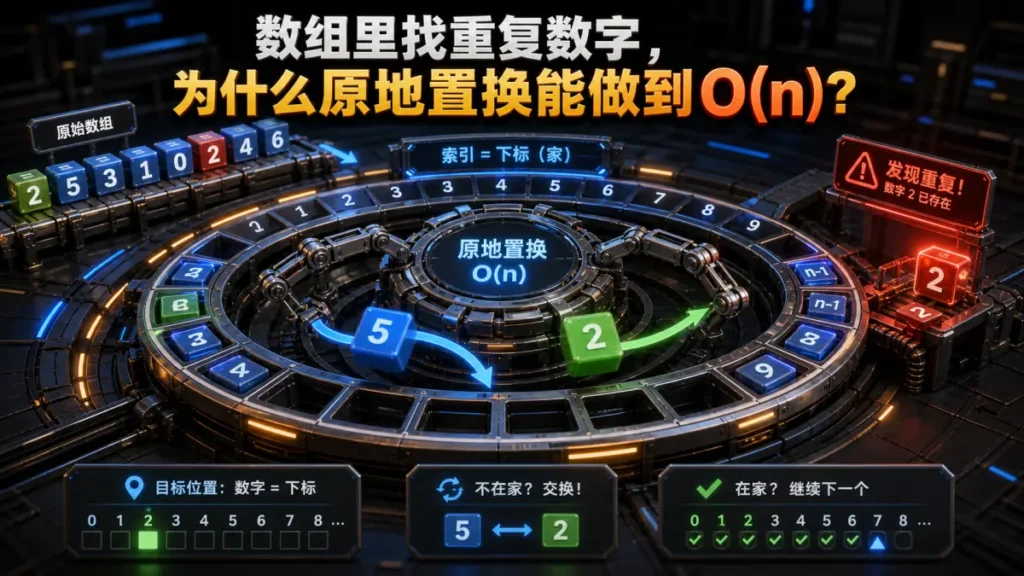 数组里找重复数字，为什么原地置换能做到 O(n)