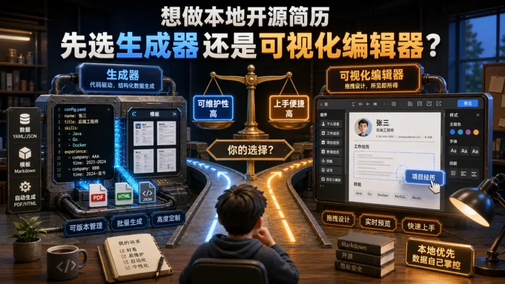 想做本地开源简历，先选生成器还是可视化编辑器