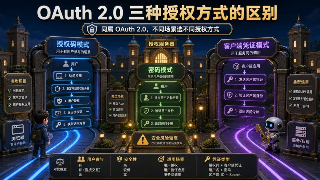 OAuth 2.0 授权码、密码、客户端凭证有什么区别