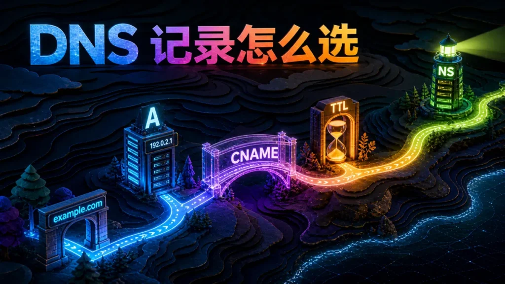 A 记录和 CNAME 怎么选：顺手把 TTL、NS 和 GitHub Pages 讲清楚