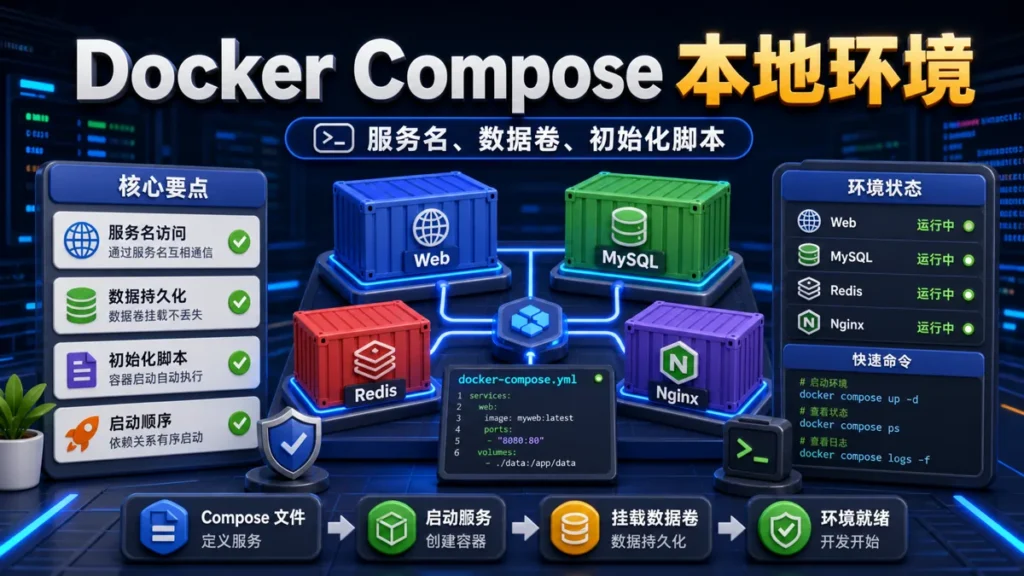 Docker Compose 本地开发环境怎么搭，先理解服务名、数据卷和初始化脚本