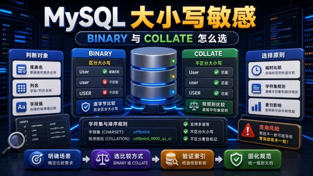 MySQL 字段值大小写敏感:BINARY 与 COLLATE 怎么选