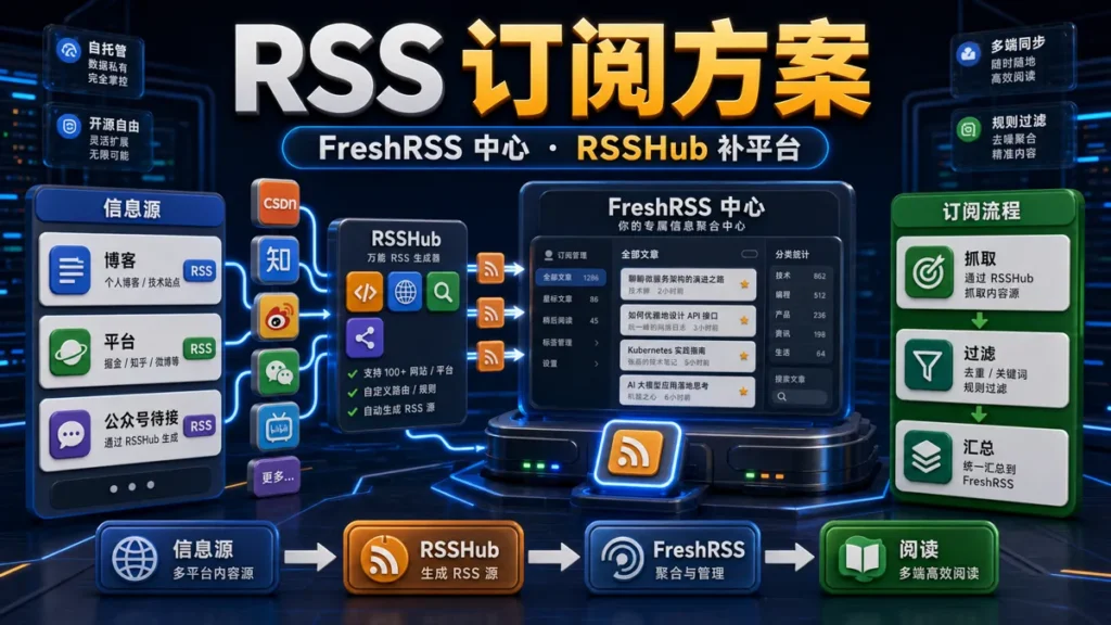 RSS 订阅方案：FreshRSS 做中心，RSSHub 补平台，微信先不接