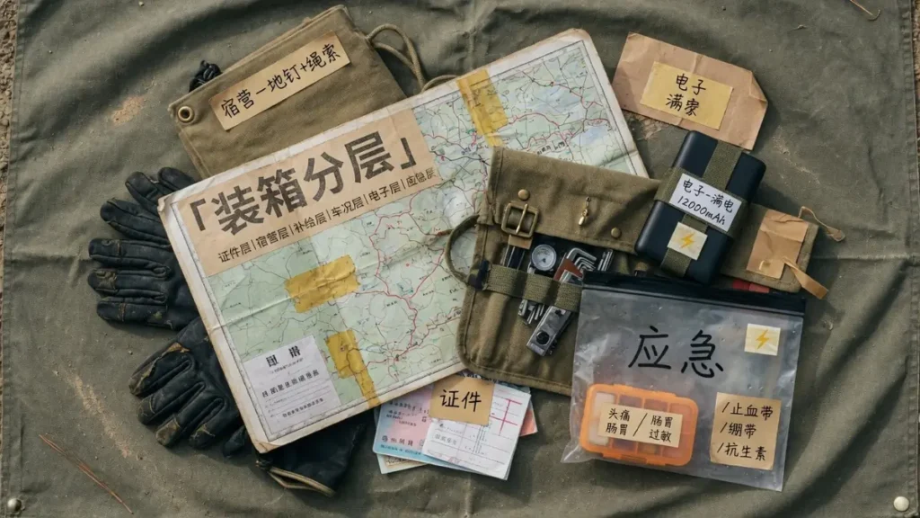 摩旅行前装箱：按证件、宿营、补给、车况、电子和应急分层更稳